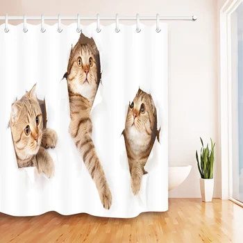 

LB Brown Set of Cat in Paper Side Torn Hole White Shower Curtains Bathroom Curtain Washable Polyester Fabric for Bathtub Decor