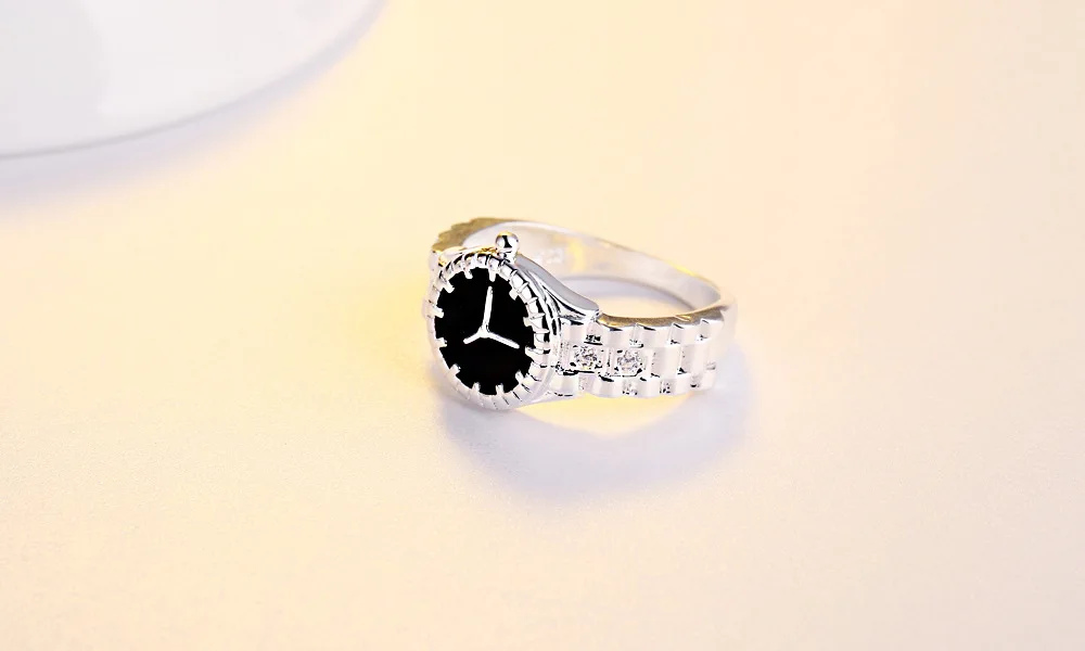 Watch shape Rings for Women Cubic Zirconia Black Ring Female Silver Color Fashion Jewelry Decorating Dropshipping 925 stamp