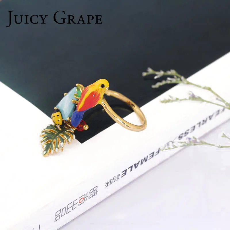 

New Arrivals Enamel Glaze Colour Parrot Blue Pine Shi Shuye Hatch Gold Ring Can Adjust Woman Mixed Batch