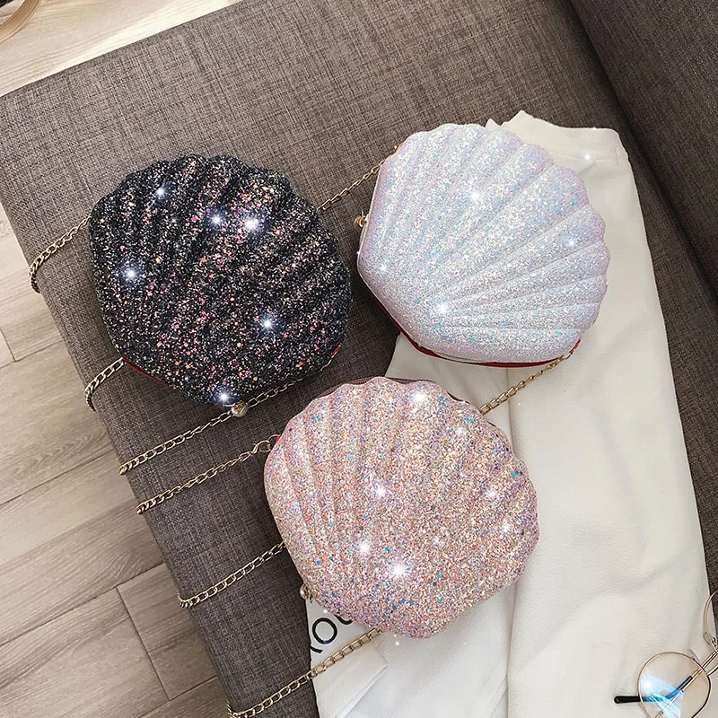 Fashion Female Bling Bling Shell Clutch Bags Chains Pearl Handbags For Women Sequin Small Shoulder Bags Diamonds Evening bags Fashion Female Bling Bling Shell Clutch Bags Chains Pearl Handbags For Women Sequin Small Shoulder Bags Diamonds Evening bags