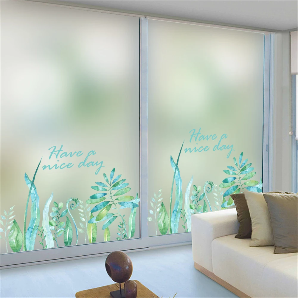 Flowers green leaves Home Bedroom Bathroom Window sticker Glass wall Film Waterproof PVC Privacy
