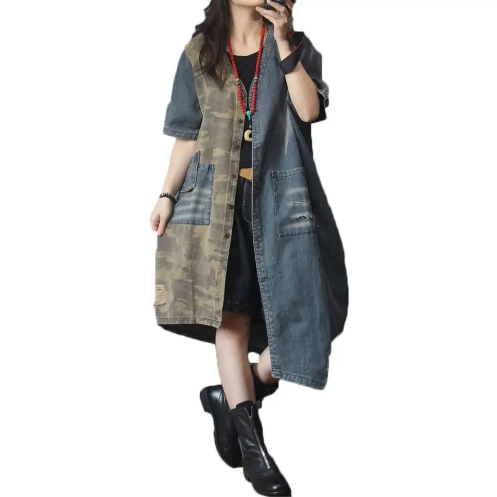 

Color Matching Camouflage V-neck Denim Windbreaker Jacket Female 2019 Spring New Loose Large Size Trend Personality Coat f1022