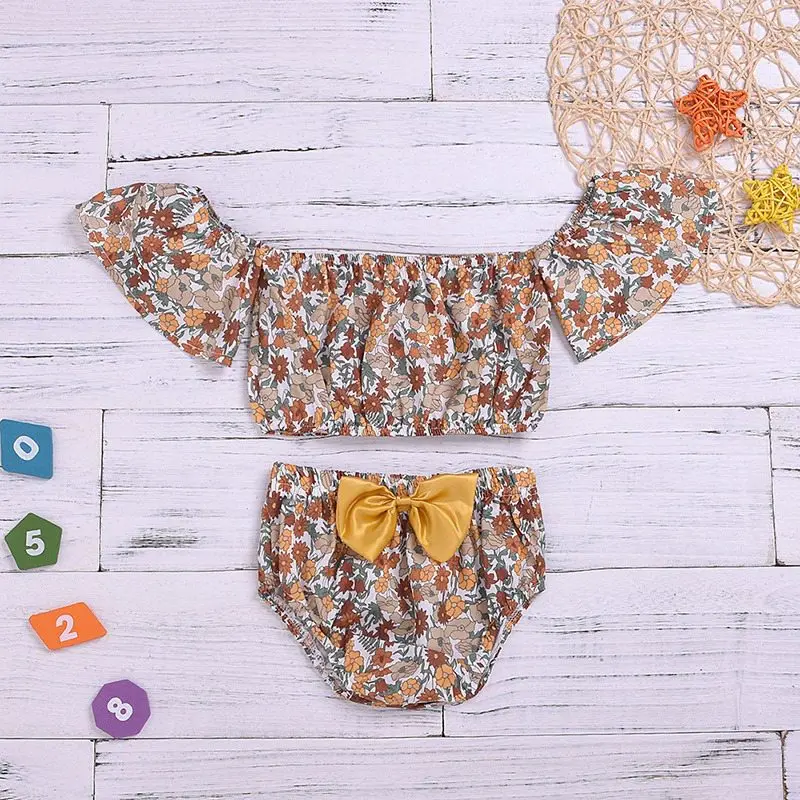 

2PCS Toddler Baby Cute Girls Fashion Flower Crop Tops Tshirt+Shorts Briefs Outfits Set Clothes