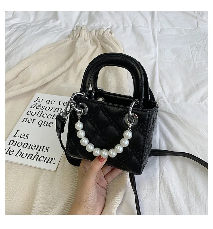 Новая модная жемчужная женская маленькая сумочка с квадратной цепочкой, клетчатая сумка для мамы и ребенка, женская брендовая дизайнерская сумка через плечо - Цвет: Черный