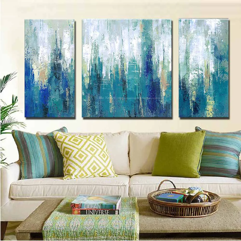 Modern Blue Abstract Handmade Three Panel Canvas Oil Painting - Living Room Home Wall Decor image 4