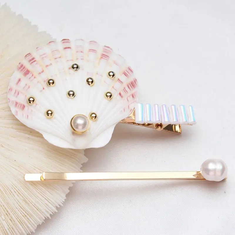 

2 Pcs Fashion Women Tiara Hair Accessories Hairpin Shell Hairpins Duckbill Clip Artificial Pearl Word Clips Lady Girls Jewelry