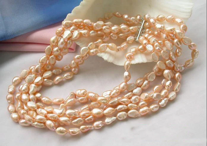 

Pearl Necklace,6Rows 9-12mm Pink Baroque Freshwater Cultured Pearl Jewellery,Perfect Women Chirstmas Gift Jewelry