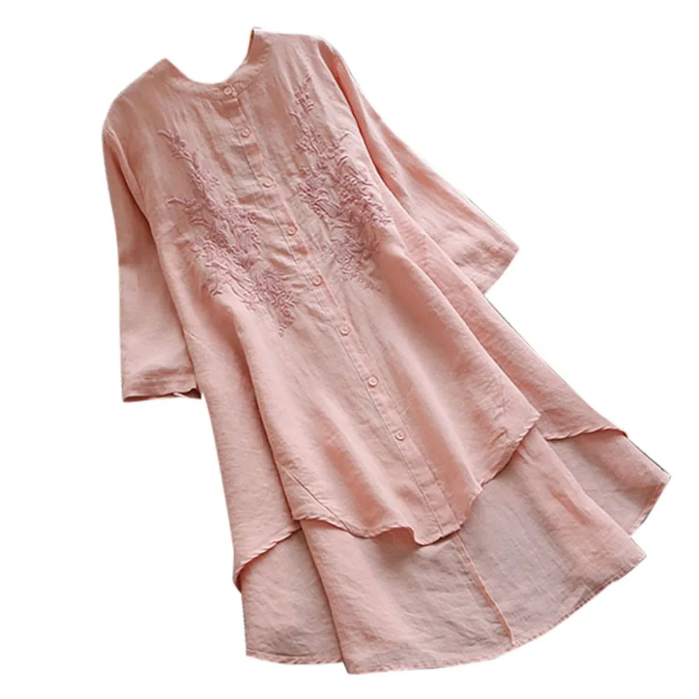 

Plus Size Women Blouse Vintage Embroidery Shirts Summer Casual Button Long Sleeve Linen Tops Long Blouses Blusas Mujer 2019 BB4