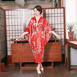 Женское кимоно купальный халат с цветочным принтом, костюм для косплея, Длинная атласная одежда для сцены, японский стиль, юката с Obi