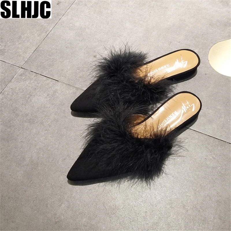 SLHJC Women Fur Slippers Flat Heel Pointy Toe Autumn New Arrival Casual Mules Outside Casual Cozy Flats Slides