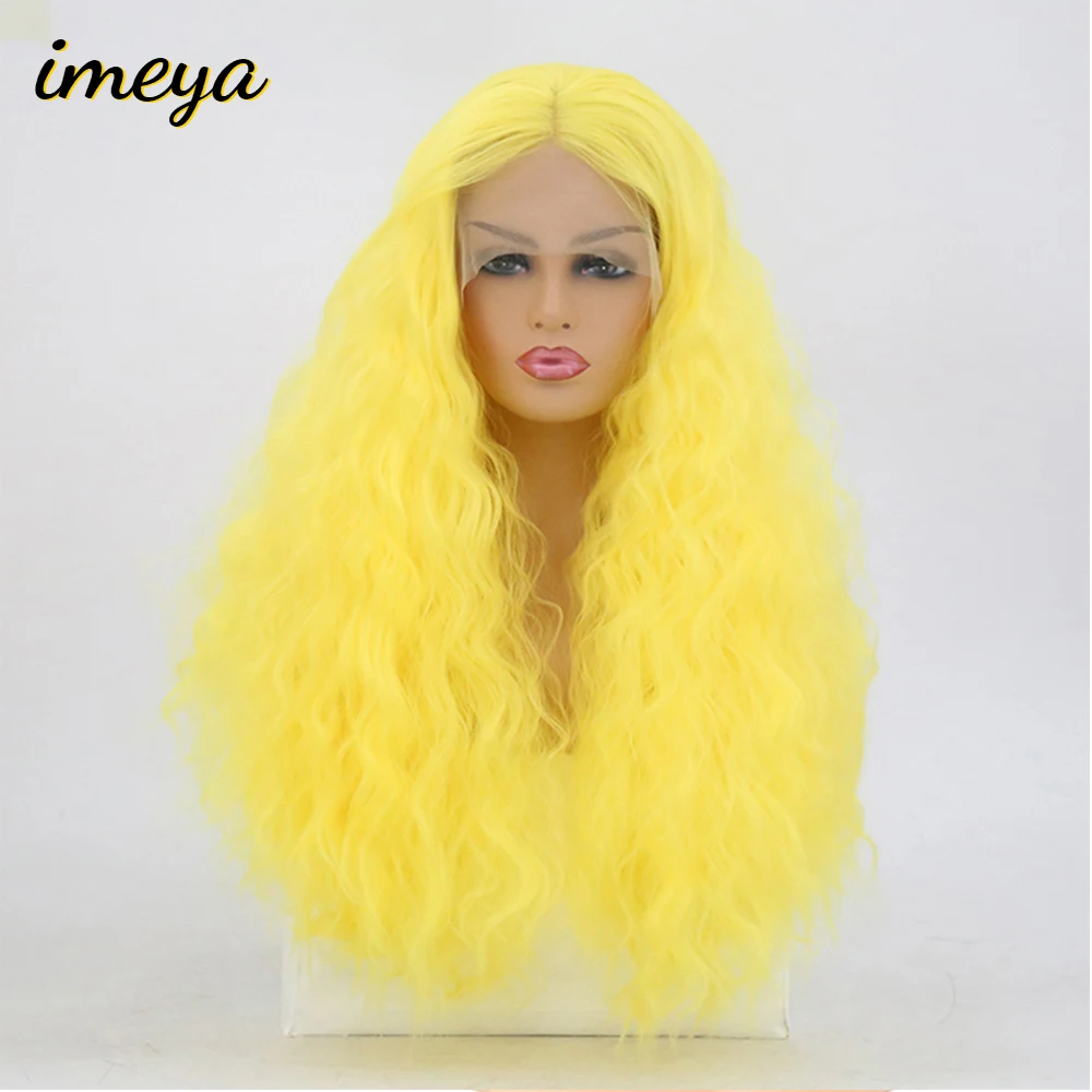 

Imeya Yellow Color Synthetic Lace Front Wigs With Middle Part High Temperature Heat Resistant Fiber Cosplay Women Wigs