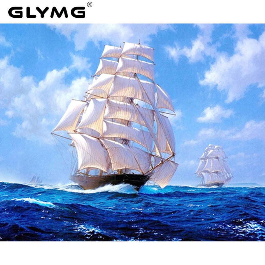 Glymg Diy Diamond Embroidery Sailboat Ocean Diamond Painting Cross Stitch Ship Full Square Handicrafts Home Decor Mosaic Picture