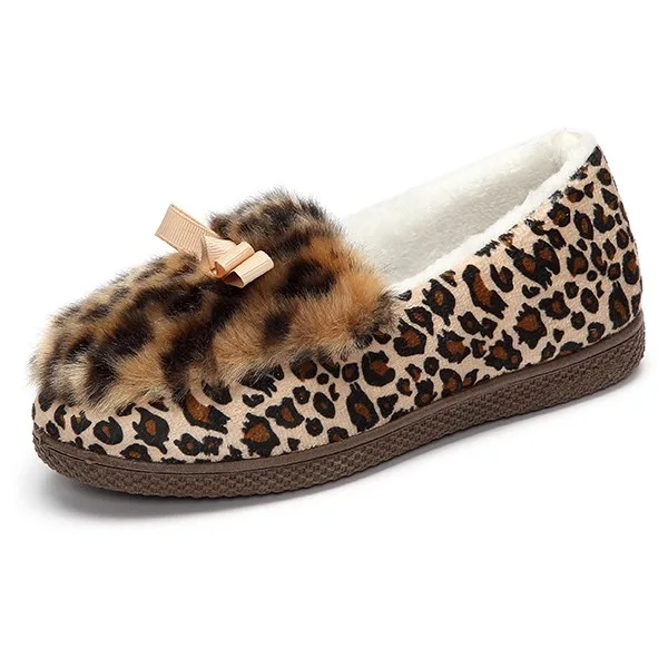 

Bowknot Slip On Cute Flat Winter Autumn Warm Leopard Fur Lining Lazy Shoes Cotton Winter Casual Loafers Women Slip on shoes