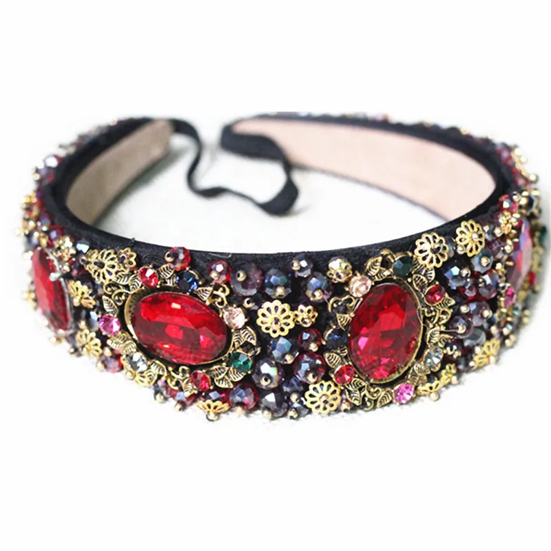 

Limited Edition Luxury Baroque Crown Full Red Rhinestone Handmade Hair Bands Crystal Velvet Wide Headband Wedding Hair Jewelry