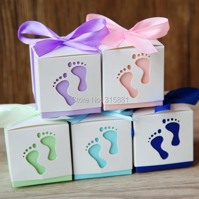 

Lovely baby Feet foot Laser Cut-out Baby Shower Favor Gift Candy Box Gift Boxes For Boy Girl Birthday Party Gift 50pcs/lot