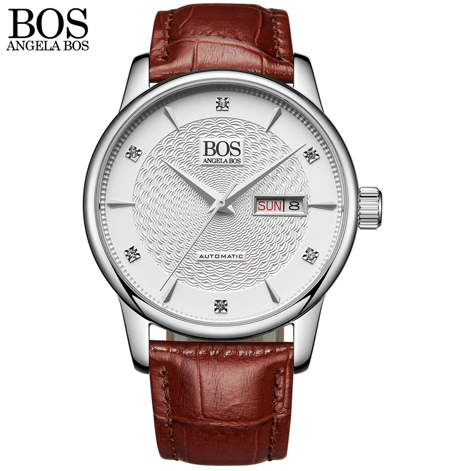

ANGELA BOS Business Self Wind Automatic Watch Man Mechanical Sapphire Wavy Pattern Genuine Leather Men Luxury Watches Wristwatch
