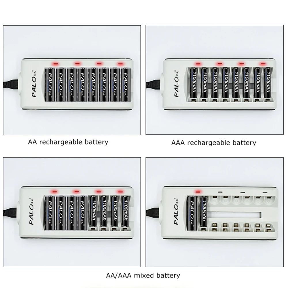PALO Quick Charger 8 Slots smart battery charger for AAA AA rechargeable battery 1.2V NI-MH NI-CD AA AAA rechargeable batteries PALO Quick Charger 8 Slots smart battery charger for AAA AA rechargeable battery 1.2V NI-MH NI-CD AA AAA rechargeable batteries