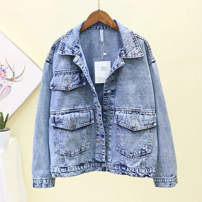 blue Корейская модная джинсовая куртка для женщин, свободное однобортное джинсовое пальто для женщин, Студенческая Повседневная куртка большого размера, базовое пальто для женщин - Цвет: blue