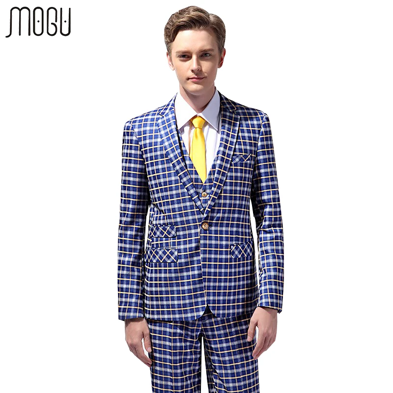 Image MOGU Three Piece Plaid Wedding Suits For Men 2017 New Arrival Fashion Lattice Men s Suits Slim Fit Asian Size S 4XL Men Suits