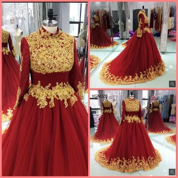 

Robe de soiree modest Burgundy prom Dress Long 2019 Ball Gown Gold Lace Appliques Long Sleeves Women Arabic Formal Prom Evening