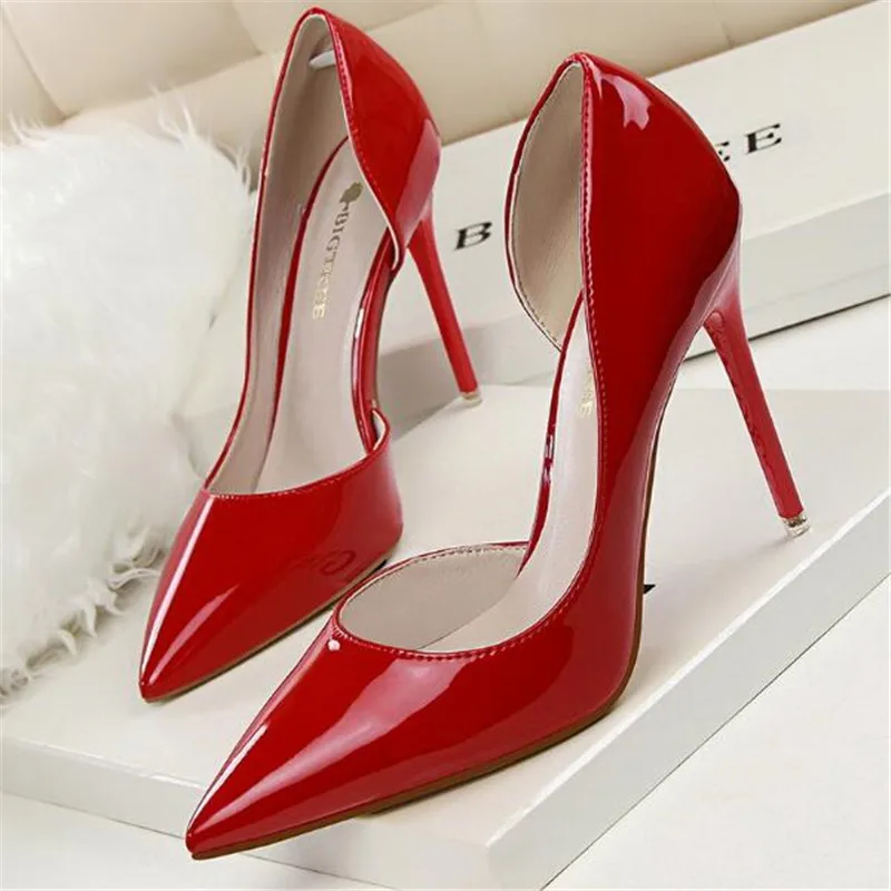 

LAIDILANGTU fashion simple stiletto with high-heeled patent leather shallow mouth pointed hollow sexy high heels single shoes