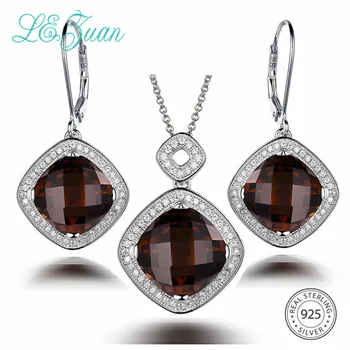 

L&zuan 20.12CT Natural Smoky Quartz Jewelry Set in 925 Sterling Silver Square Brown Stones Clasp Earrings & Pendant Fine Jewelry