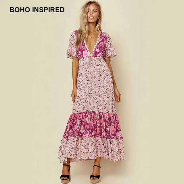 Boho Inspired Pink Fl Print Dress V Neck Women Long Maxi Summer Boho Inspired Pink Fl Print Dress V Neck Women Long Maxi Summer Dresses Kimono Sleeves