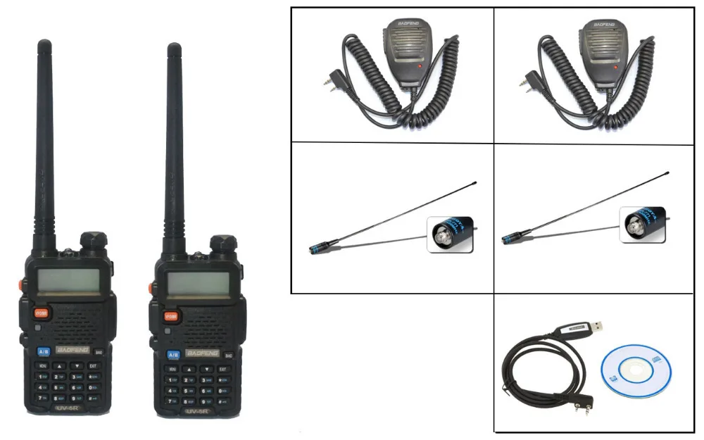 

2PCS BaoFeng UV-5R Walkie Talkie +2 Baofeng mics+2 NA 771-F natennas+1 Programming Cable Handy Hunting Radio Receiver