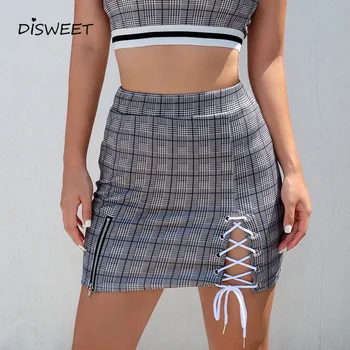 

Disweet Plaid Printed Skirt Women Fashion 2019 Slim High Waist Girl'S Skirts Streetwear Skinny Lace-Up Summer Gothic