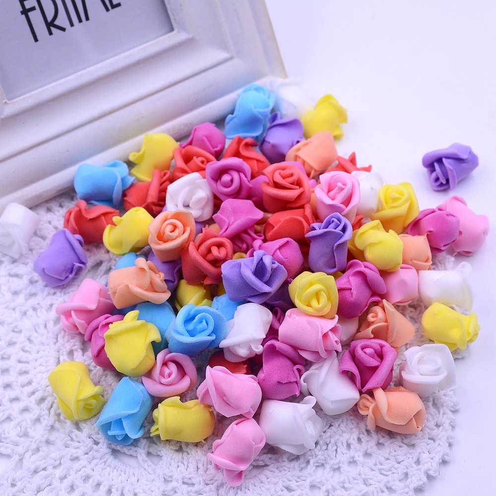 

50PCS / Lot 1.5 cm Multicolor PE rose foam mini artificial silk solid color head DIY accessories wedding decoration