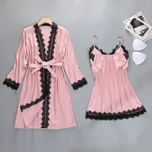 Ночное белье пикантные атласные для женщин кружево Пижама в стиле пэчворк ночная рубашка сексуальная слинг халат с длинным рукавом Домашняя одежда комплект шелк