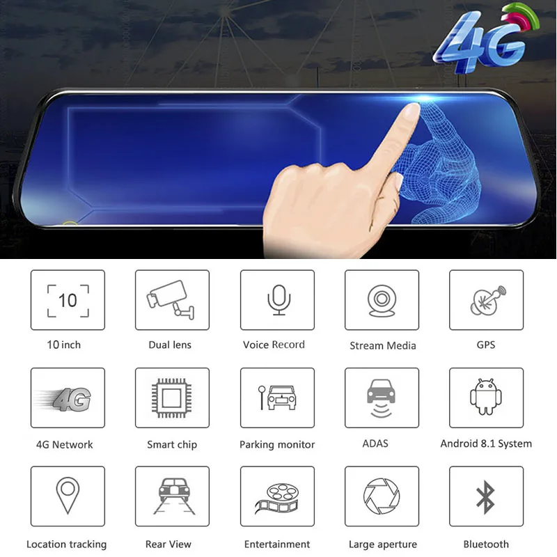  HGDO 4G ADAS Car DVR Camera 10 Inch Android Stream Media Rear View Mirror FHD 1080P WiFi GPS Dash C