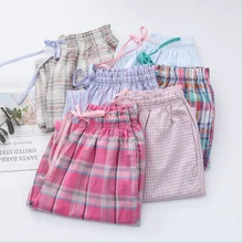 Летняя Домашняя одежда больших размеров женская Повседневная Пижама клетчатая Дамская длинная ночная рубашка женские брюки из хлопка