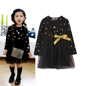

Spring Autumn gold star long sleeve mesh lace baby girls tutu dress kids tee dress children princess clothes 3 to 9 yrs
