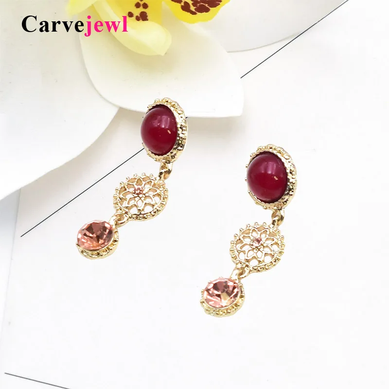 

Carvejewl lovely metal flower 12 K light gold plating red resin stone drop dangle earring romantic anti allergy short earrings