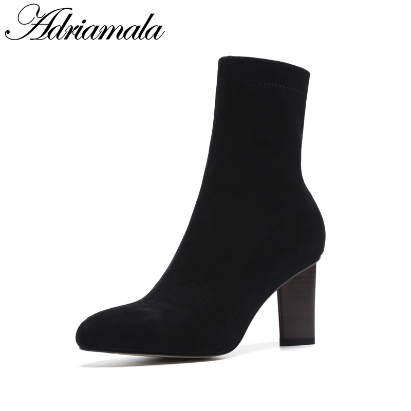 

2018 Flock Women Boots High Heel Pointed Toe Round Heels Zipper Motorcycle High Heels Boots For Women Fashion Adriamala