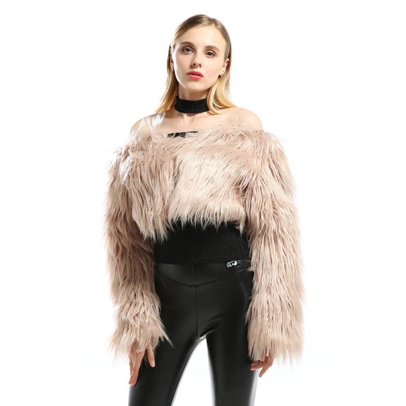 

AmberHeard Women Furry Fur Coat Female Outerwear Autumn Winter Off Shoulder Long Sleeve Jacket Fluffy Hairy Collarless Overcoat