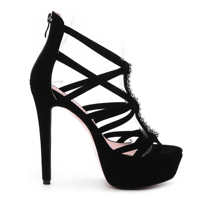 

ARQA Summer Women's pure color sexy cross band open toe platform stilettos diamond zipper sandals