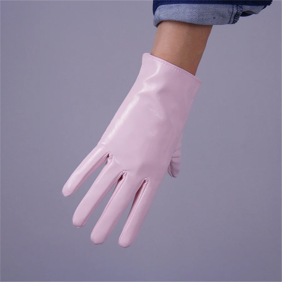 Лакированная кожа 21 см короткие перчатки короткие имитация кожи зеркало яркая кожа Вишневый порошок светильник розовый QPFH21
