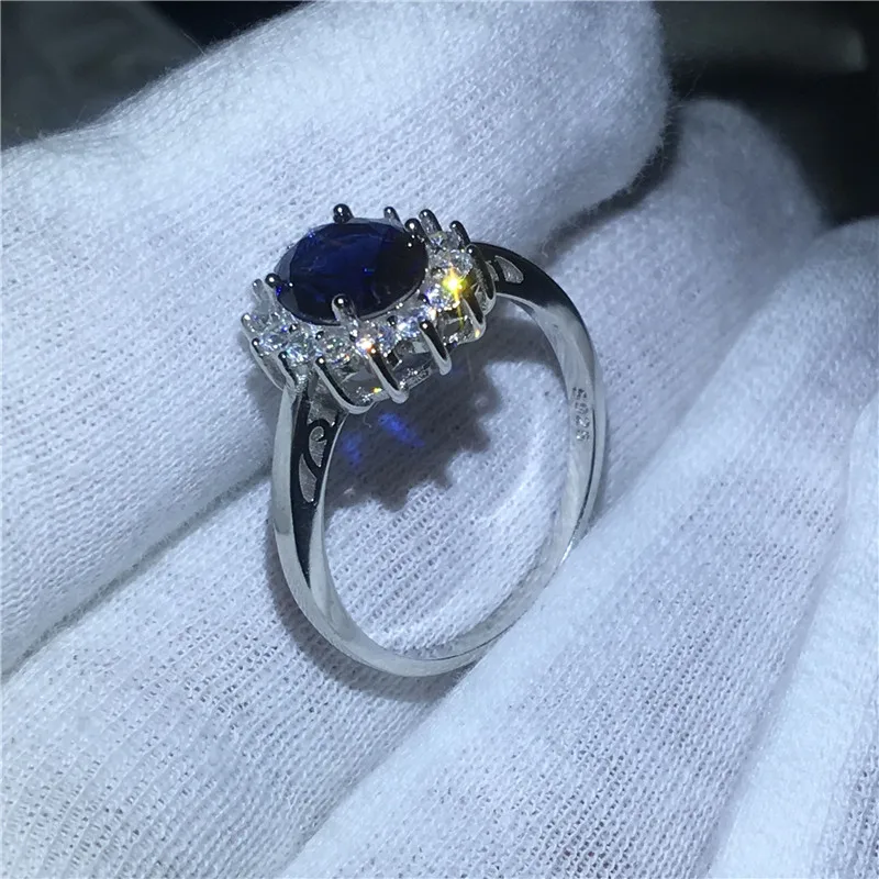 Royal Jewelry Princess Diana 100% Real 925 Sterling silver ring Blue 5A Zircon Cz Engagement wedding band rings for women Bridal
