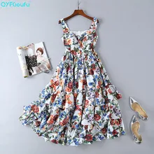 QYFCIOUFU 2018 High Quality Tiered Summer Dresses Women Sleeveless Designer Runway Floral Print Elegant Spaghetti Strap