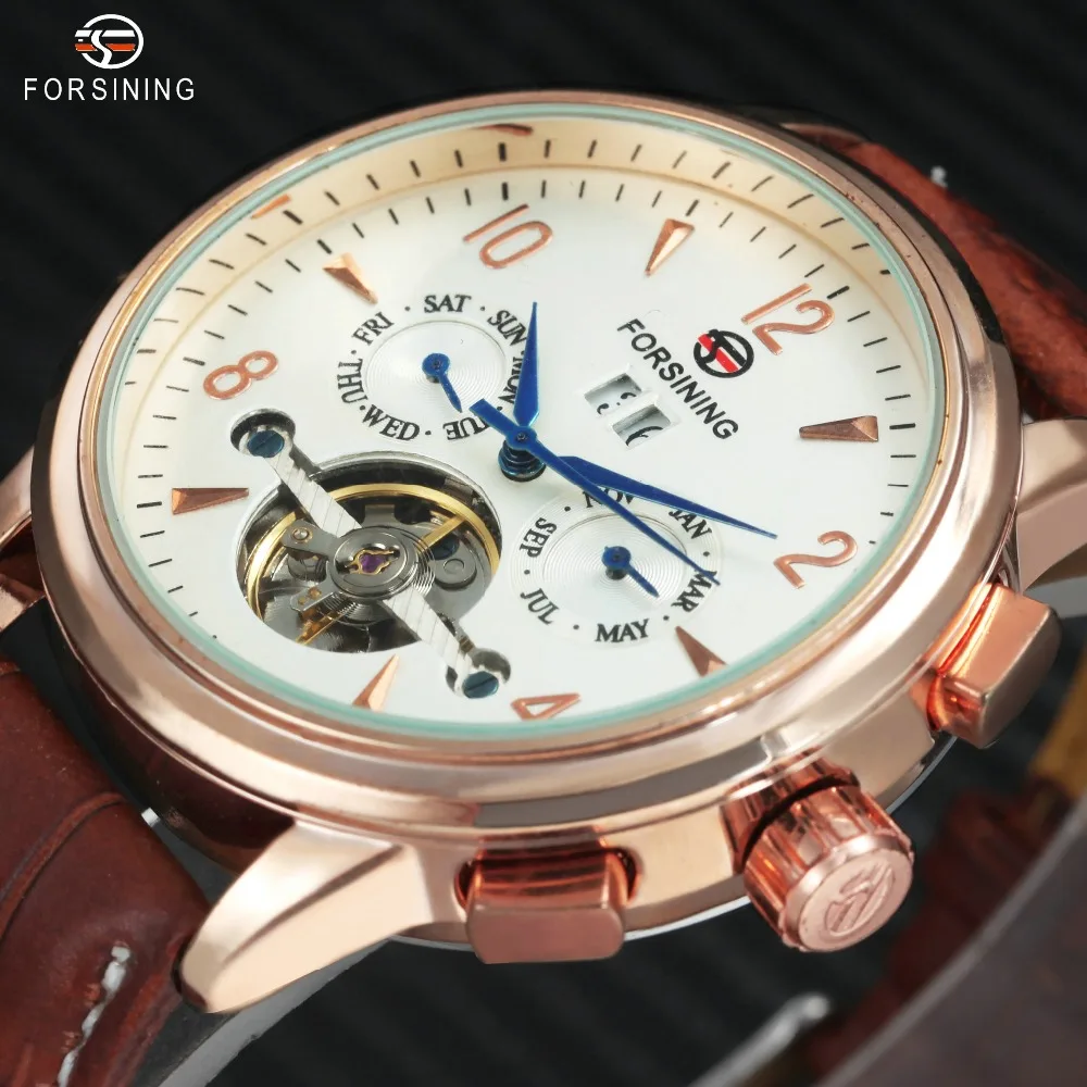 

Top Brand Luxury Multifunction Mechanical Watches Men Tourbillon Sub-dials Display Genuine Leather Band FORSINING Calendar Clock