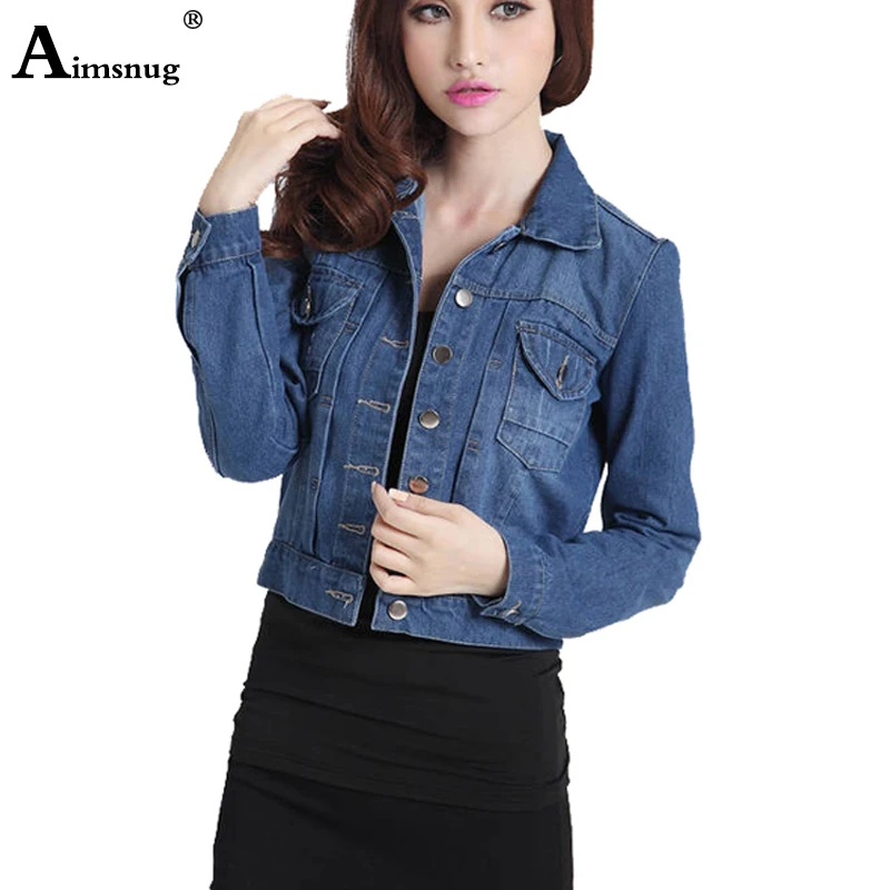 

Aimsnug 2019 new Women Spring Autumn Hort Basical Jean Jacket coat Bleach Full Sleeves Single Breast Slim Female Denim Jacket