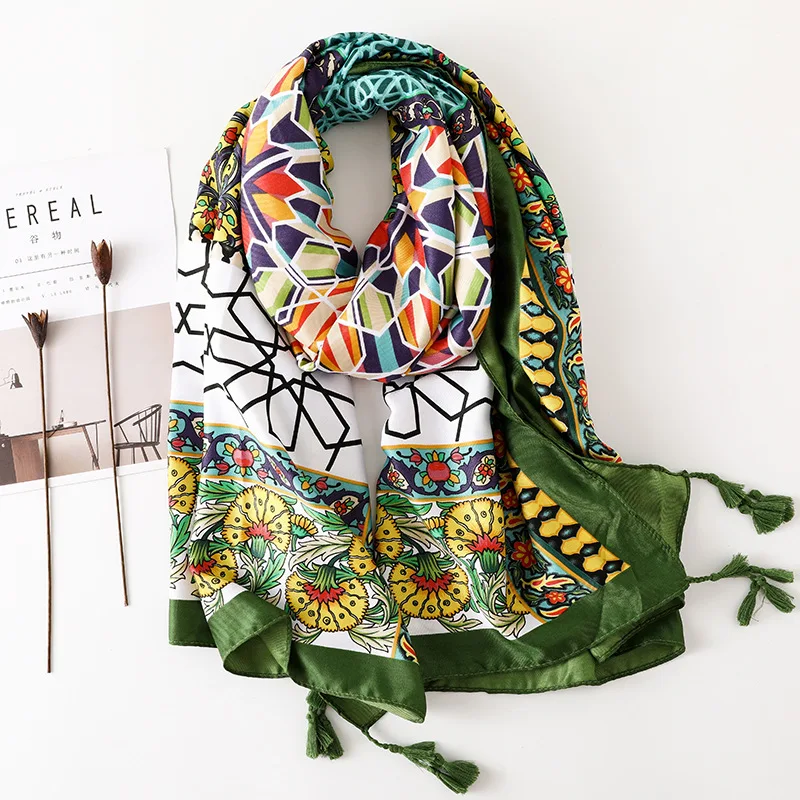 KYQIAO женский этнический хиджаб шарф женский Осень Весна Мехико стиль Винтаж дизайнер длинный Зеленый Набивной платок femme