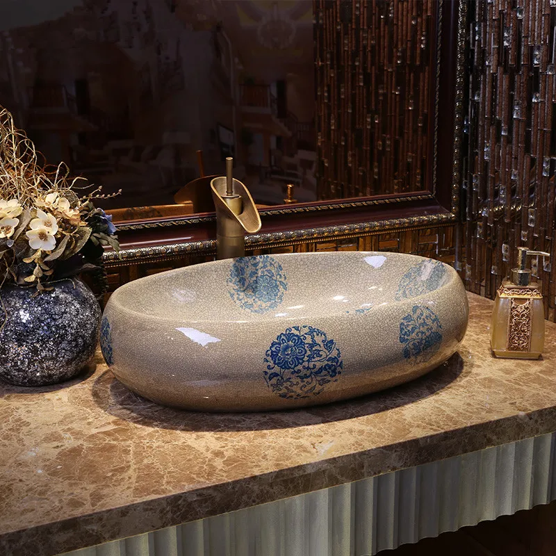 Oval Handmade China Artistic Art wash basin Ceramic Counter Top Wash Basin Bathroom Sinks blue and white handmade bathroom sinks (2)