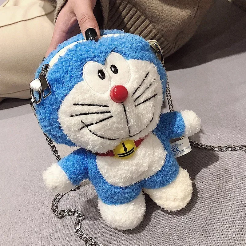 

Blue Doraemon Chain Messenger Shoulder Bags Women Soft Plush Plush Bag Jingle Cat Shape Clutch Handbag Girls Birthday Gift