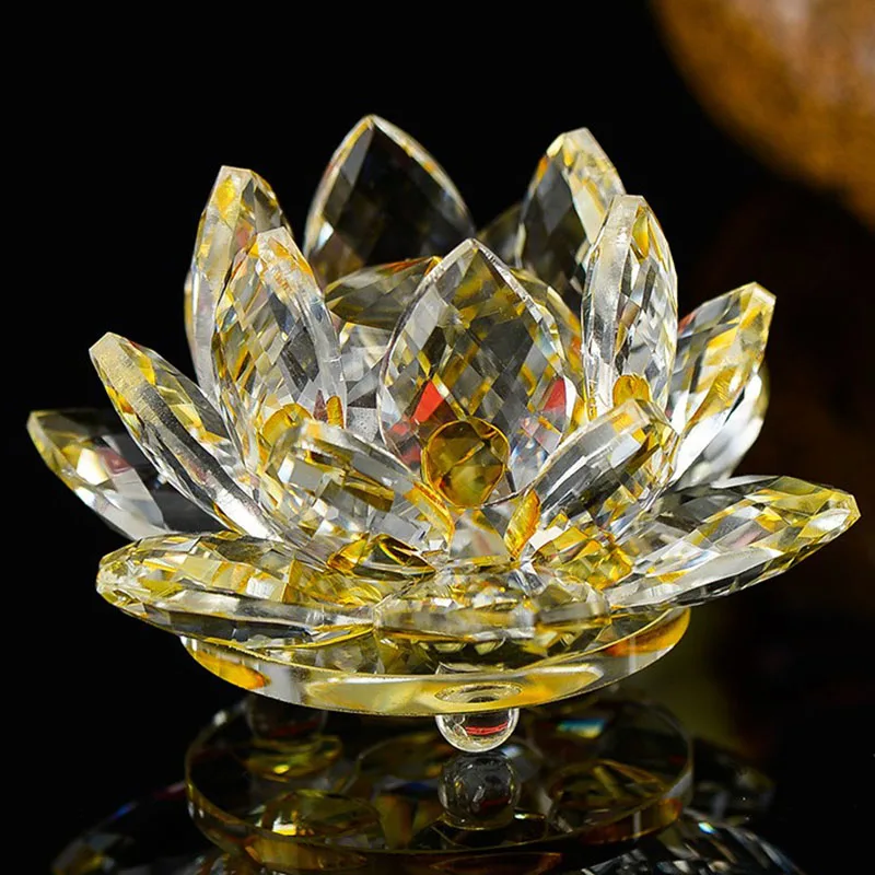 80mm Yellow Crystal Lotus Flower Crafts Glass Quart Paperweight Home