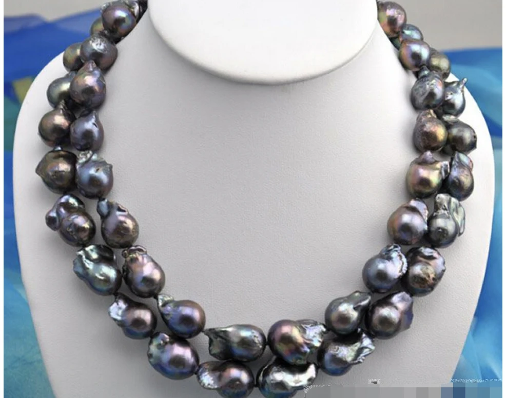 

Rare 2row 23mm baroque black keshi reborn pearl necklace earring gift-