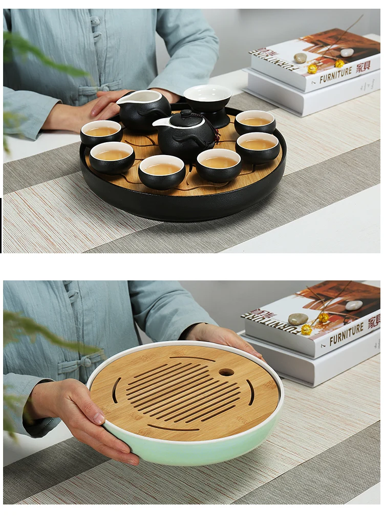 6.6Ceramics Bamboo Tea tray Drainage Water storage Kung Fu Tea set room Board table Chinese tea cup ceremony tools Tea Set