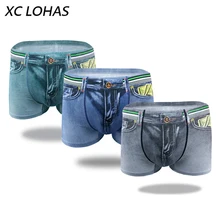 3 шт./лот, 3D принт, джинсовые шорты-боксеры, популярные хлопковые повседневные мужские трусы, дышащее нижнее белье, Cueca Calzoncillos Hombre